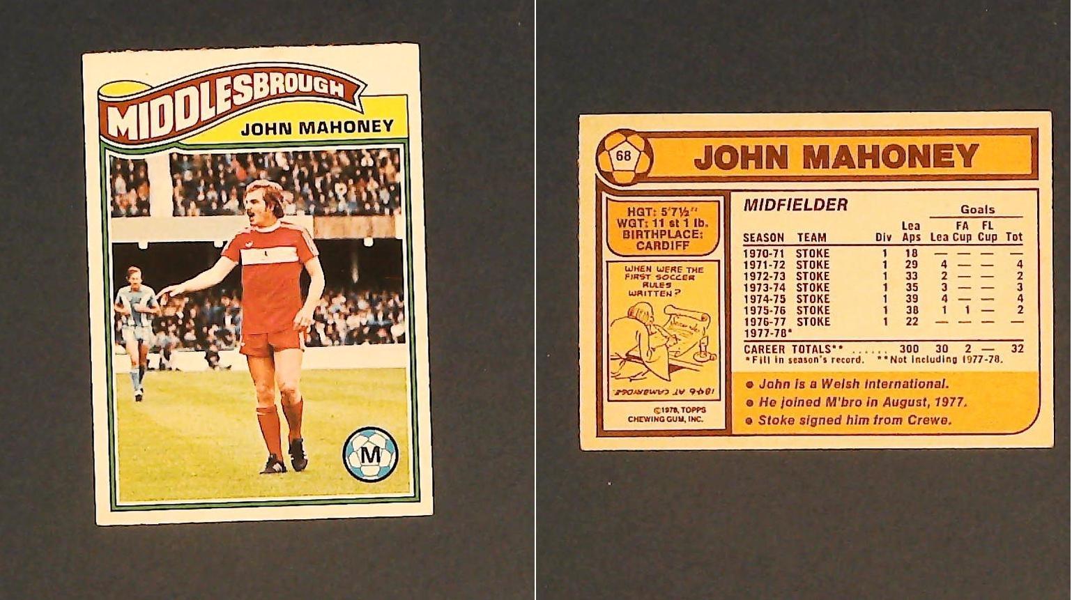 Topps Chewing Gum Orange Back Football Cards - 1978 No.68 John Mahoney Middlesbrough Topps Chewing Gum Orange Back Football Cards - 1978 No.68 John Mahoney Middlesbrough