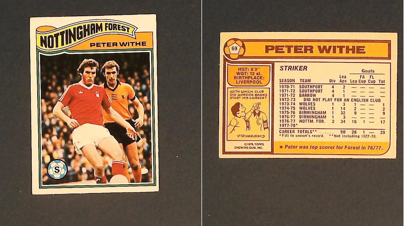 Topps Chewing Gum Orange Back Football Cards - 1978 No.69 Peter Withe Nottingham Forest Topps Chewing Gum Orange Back Football Cards - 1978 No.69 Peter Withe Nottingham Forest