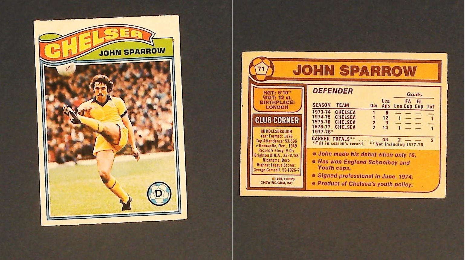 Topps Chewing Gum Orange Back Football Cards - 1978 No.71 John Sparrow Chelsea Topps Chewing Gum Orange Back Football Cards - 1978 No.71 John Sparrow Chelsea
