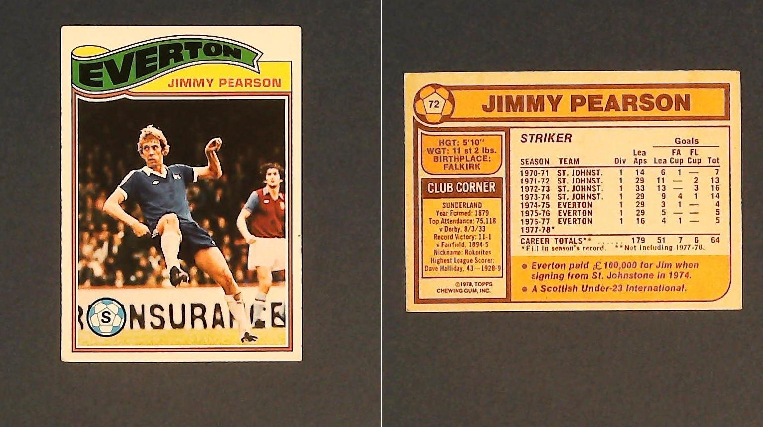 Topps Chewing Gum Orange Back Football Cards - 1978 No.72 Jim Pearson Everton Topps Chewing Gum Orange Back Football Cards - 1978 No.72 Jim Pearson Everton