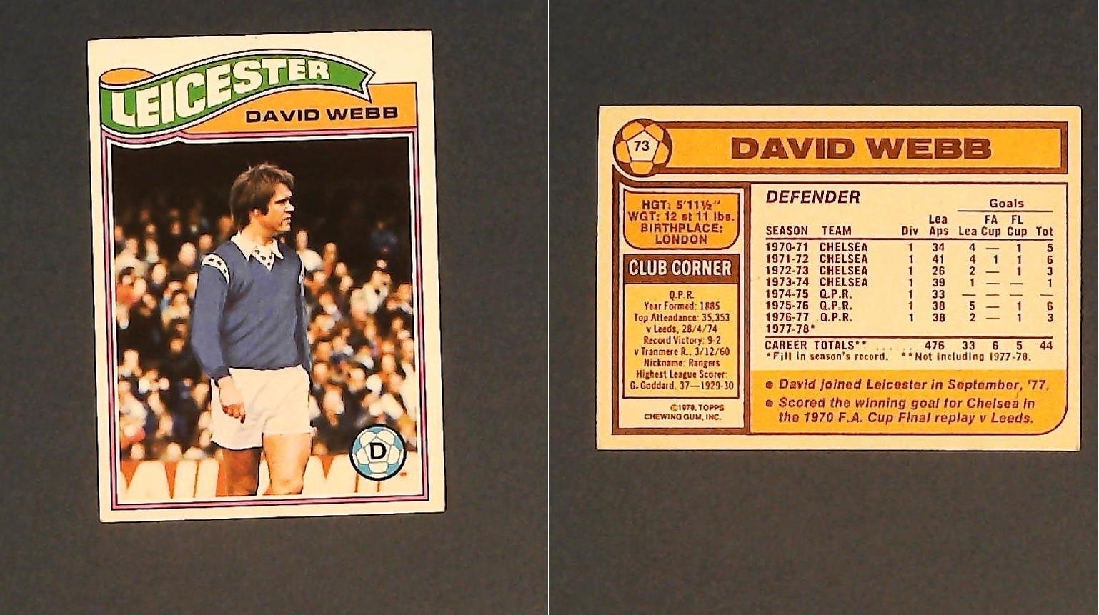 Topps Chewing Gum Orange Back Football Cards - 1978 No.73 David Webb Leicester City Topps Chewing Gum Orange Back Football Cards - 1978 No.73 David Webb Leicester City