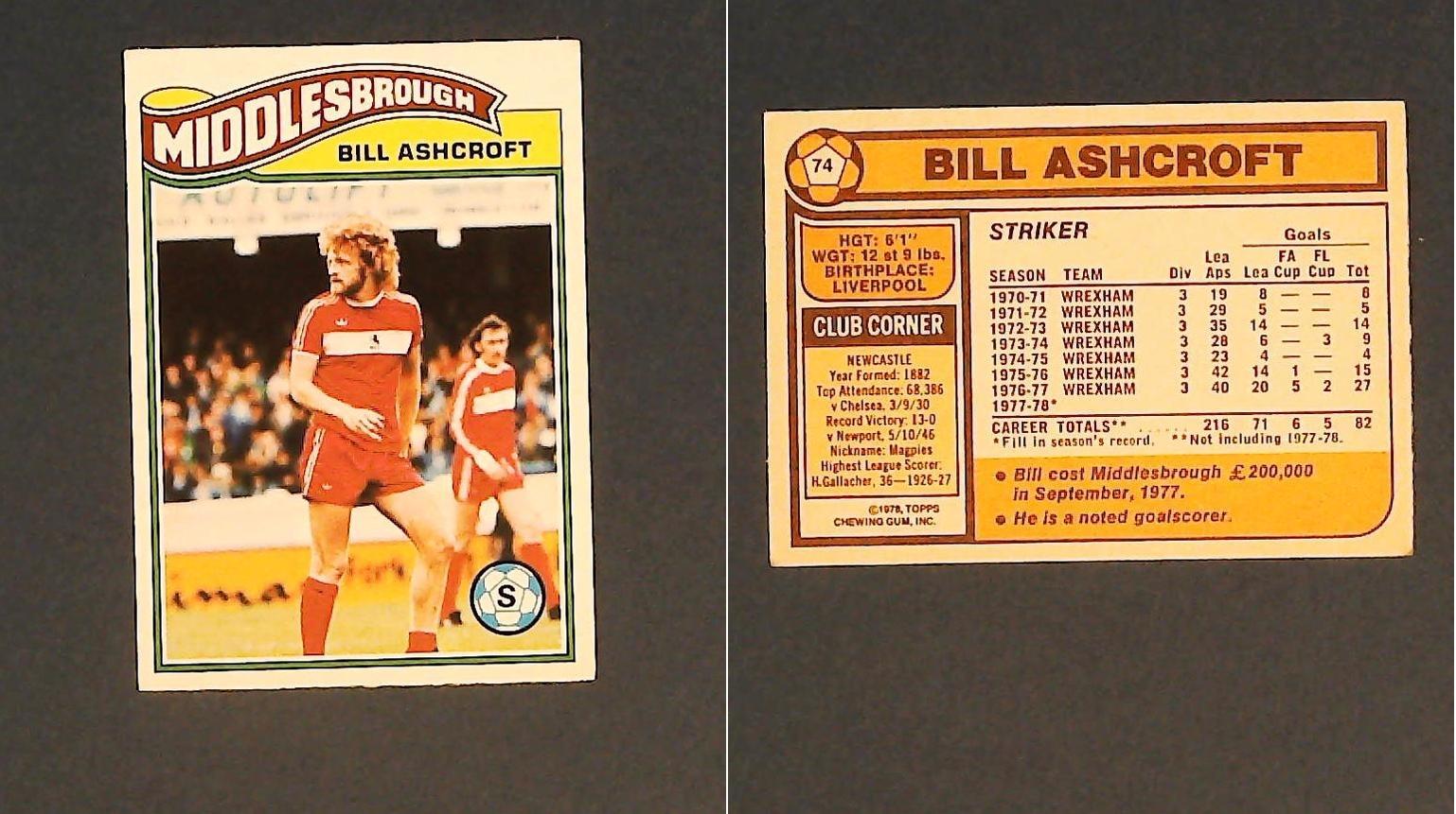 Topps Chewing Gum Orange Back Football Cards - 1978 No.74 William (Billy) Ashcroft Middlesbrough Topps Chewing Gum Orange Back Football Cards - 1978 No.74 William (Billy) Ashcroft Middlesbrough