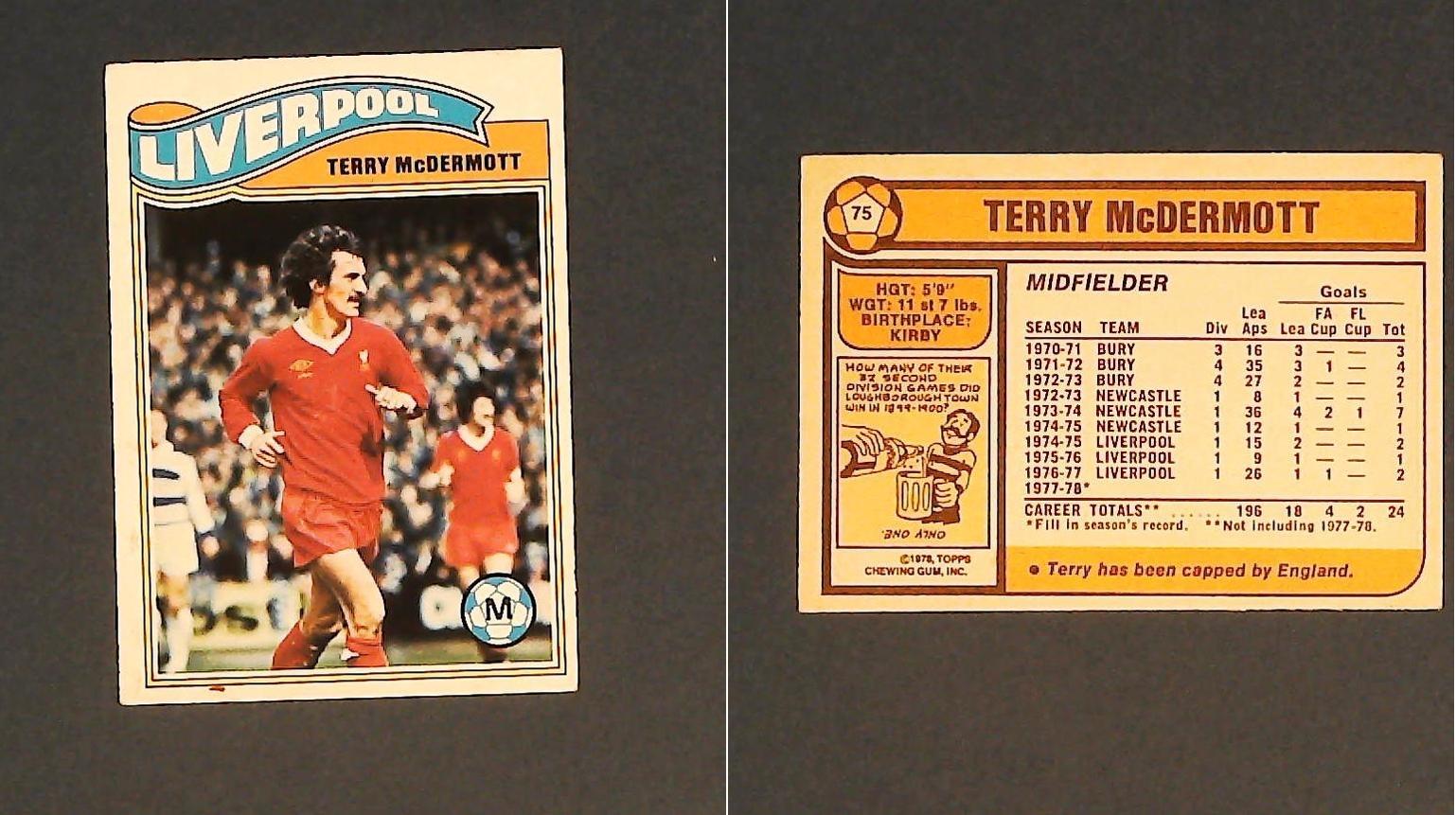 Topps Chewing Gum Orange Back Football Cards - 1978 No.75 Terry McDermott Liverpool Topps Chewing Gum Orange Back Football Cards - 1978 No.75 Terry McDermott Liverpool