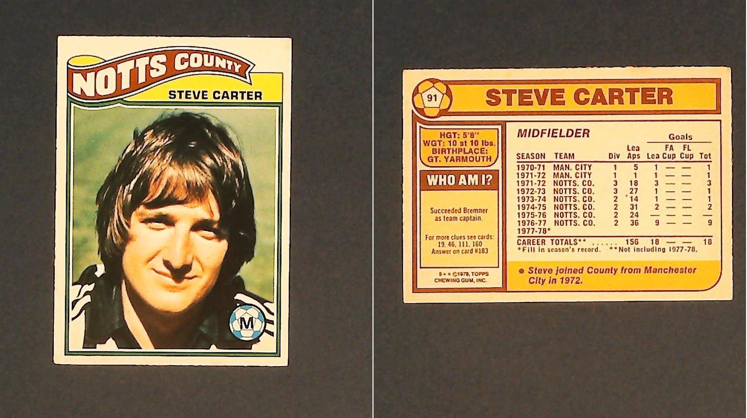 Topps Chewing Gum Orange Back Football Cards - 1978 No..91 Steve Carter Notts County Topps Chewing Gum Orange Back Football Cards - 1978 No..91 Steve Carter Notts County