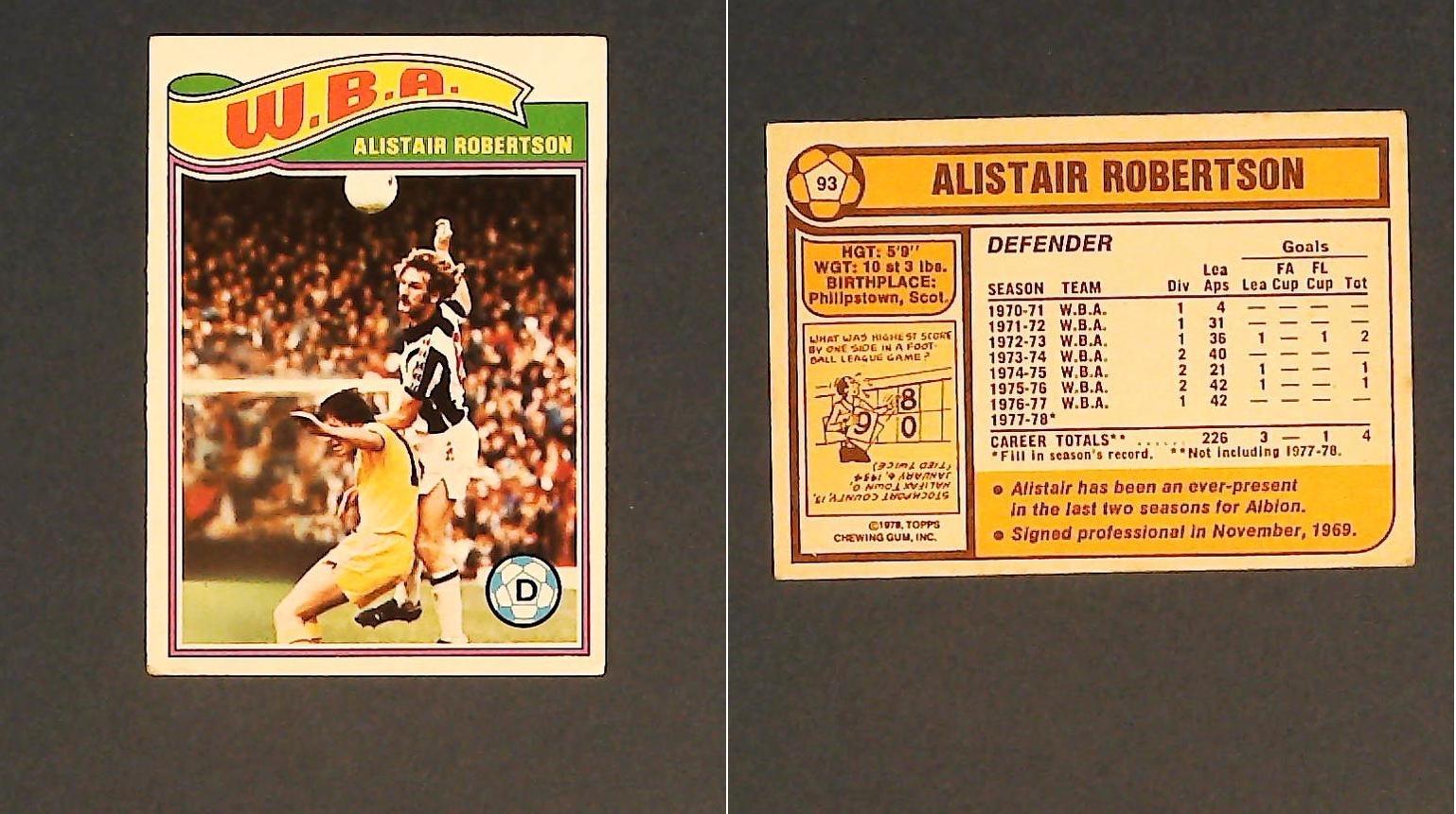 Topps Chewing Gum Orange Back Football Cards - 1978 No.93 Alistair Robertson West Bromwich Albion Topps Chewing Gum Orange Back Football Cards - 1978 No.93 Alistair Robertson West Bromwich Albion