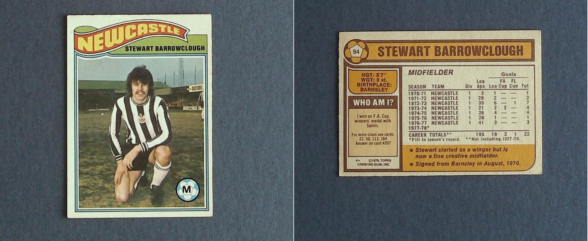 Topps Chewing Gum Orange Back Football Cards - 1978 No.94 Stewart Barrowclough Newcastle United Topps Chewing Gum Orange Back Football Cards - 1978 No.94 Stewart Barrowclough Newcastle United