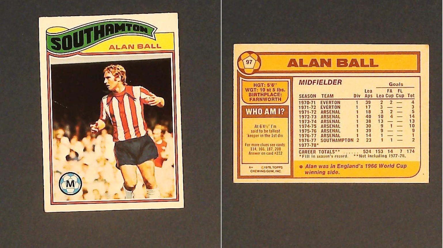 Topps Chewing Gum Orange Back Football Cards - 1978 No.97 Alan Ball Southampton Topps Chewing Gum Orange Back Football Cards - 1978 No.97 Alan Ball Southampton