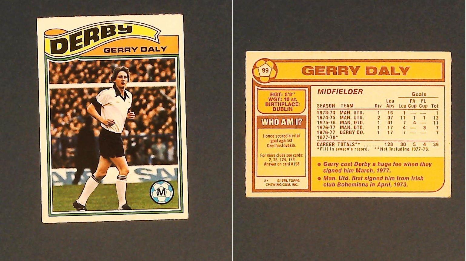 Topps Chewing Gum Orange Back Football Cards - 1978 No.99 Gerry Daly Derby County Topps Chewing Gum Orange Back Football Cards - 1978 No.99 Gerry Daly Derby County