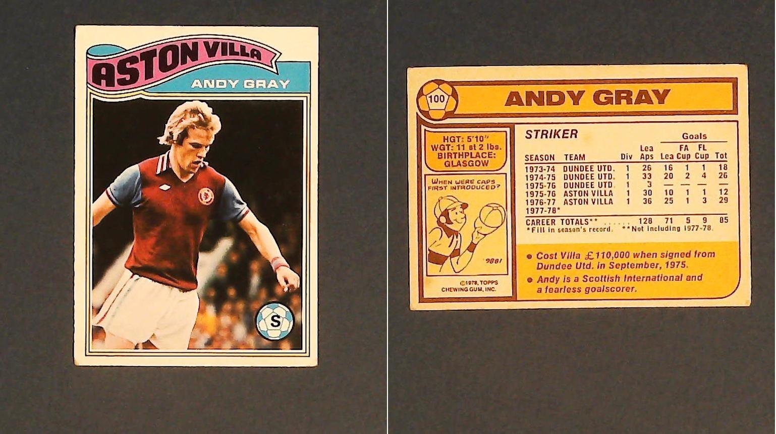 Topps Chewing Gum Orange Back Football Cards - 1978 No.100 Andy Gray Aston Villa Topps Chewing Gum Orange Back Football Cards - 1978 No.100 Andy Gray Aston Villa