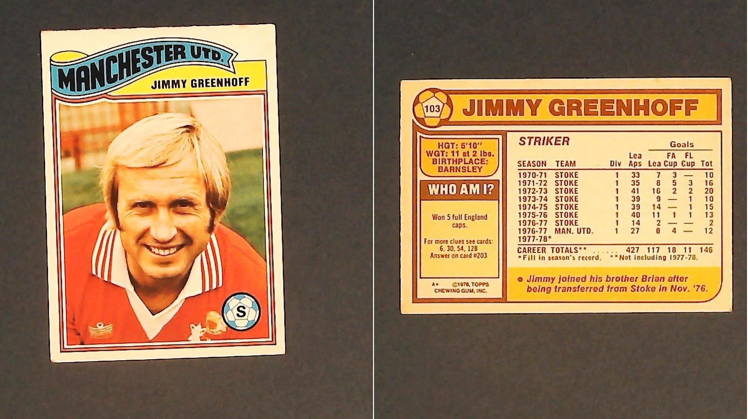 Topps Chewing Gum Orange Back Football Cards - 1978 No.103 Jimmy Greenhoff Manchester United Topps Chewing Gum Orange Back Football Cards - 1978 No.103 Jimmy Greenhoff Manchester United