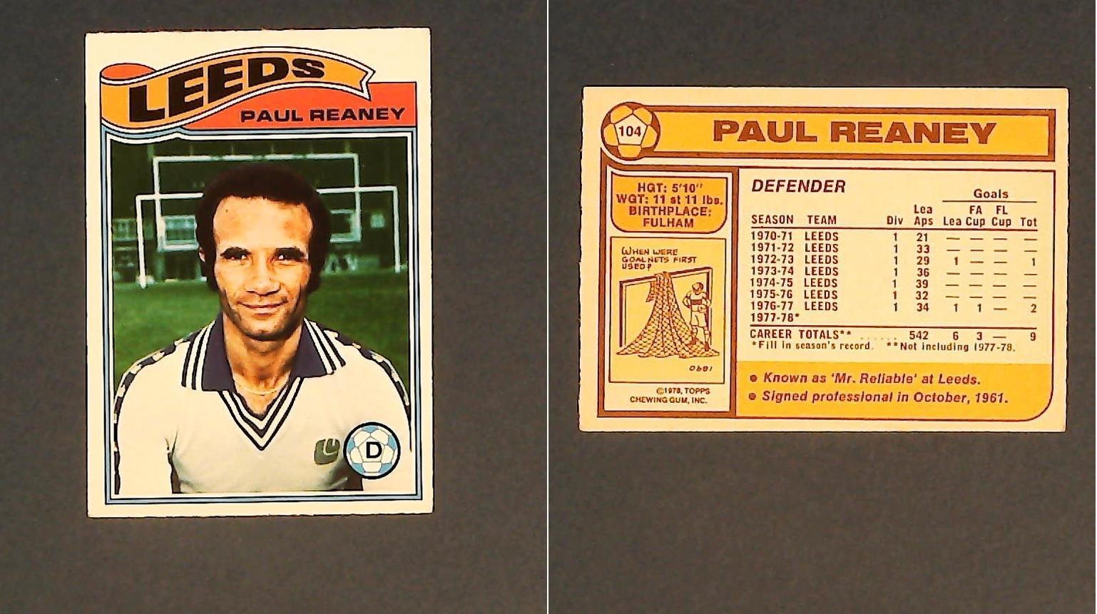 Topps Chewing Gum Orange Back Football Cards - 1978 No.104 Paul Reaney Leeds United Topps Chewing Gum Orange Back Football Cards - 1978 No.104 Paul Reaney Leeds United