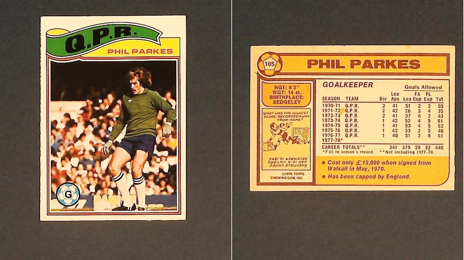 Topps Chewing Gum Orange Back Football Cards - 1978 No.105 Phil Parkes Queens Park Rangers Topps Chewing Gum Orange Back Football Cards - 1978 No.105 Phil Parkes Queens Park Rangers