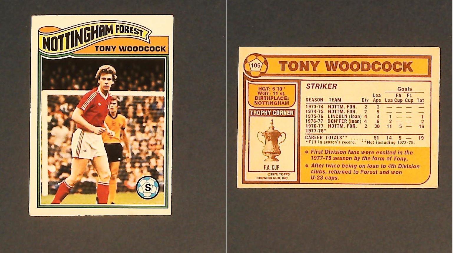 Topps Chewing Gum Orange Back Football Cards - 1978 No.106 Anthony (Tony) Woodcock Nottingham Forest Topps Chewing Gum Orange Back Football Cards - 1978 No.106 Anthony (Tony) Woodcock Nottingham Forest