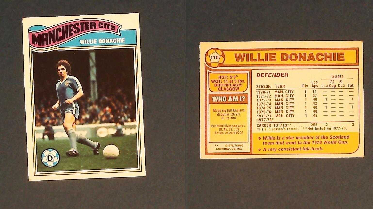 Topps Chewing Gum Orange Back Football Cards - 1978 No.110 Willie Donachie Manchester City Topps Chewing Gum Orange Back Football Cards - 1978 No.110 Willie Donachie Manchester City