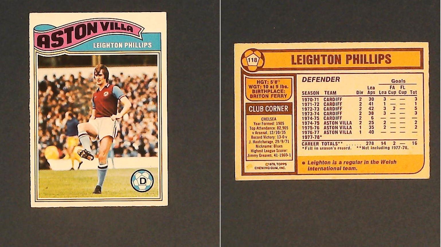 Topps Chewing Gum Orange Back Football Cards - 1978 No.118 Leighton Phillips Aston Villa Topps Chewing Gum Orange Back Football Cards - 1978 No.118 Leighton Phillips Aston Villa