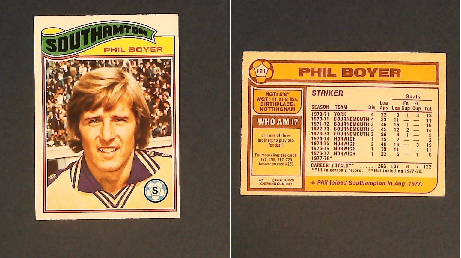 Topps Chewing Gum Orange Back Football Cards - 1978 No.121 Phil Boyer Southampton Topps Chewing Gum Orange Back Football Cards - 1978 No.121 Phil Boyer Southampton