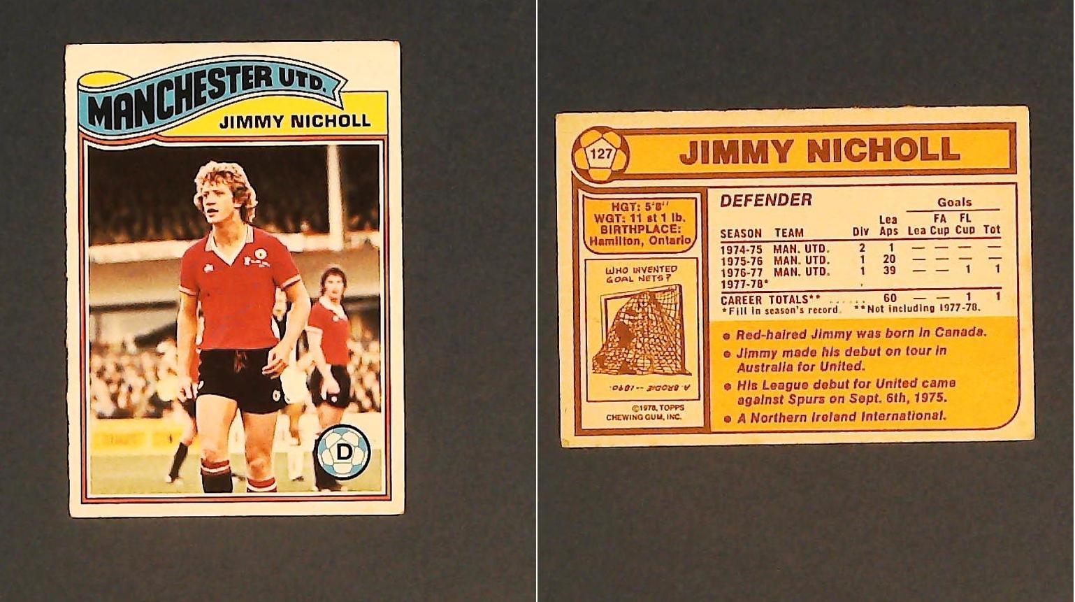 Topps Chewing Gum Orange Back Football Cards - 1978 No.127 Jimmy Nicholl Manchester United Topps Chewing Gum Orange Back Football Cards - 1978 No.127 Jimmy Nicholl Manchester United