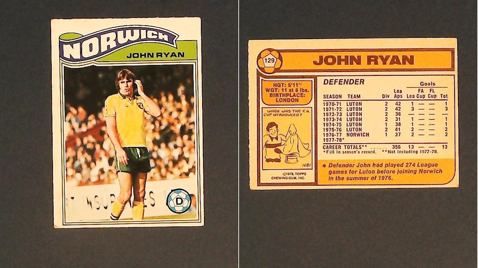 Topps Chewing Gum Orange Back Football Cards - 1978 No129 John Ryan Norwich City Topps Chewing Gum Orange Back Football Cards - 1978 No129 John Ryan Norwich City