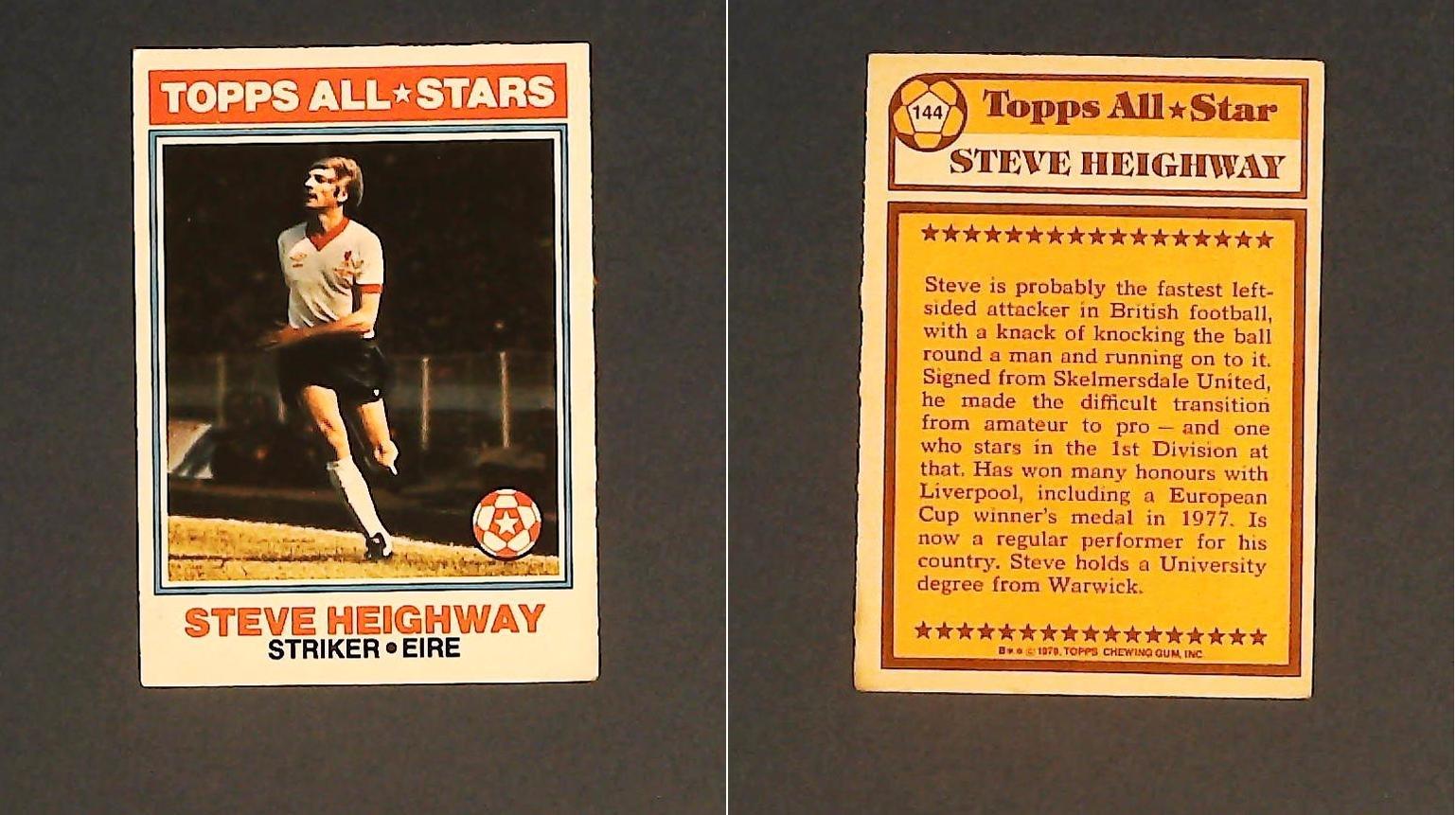 Topps Chewing Gum Orange Back Football Cards - 1978 No 144 Steve Heighway, Topps All*Stars Eire Topps Chewing Gum Orange Back Football Cards - 1978 No 144 Steve Heighway, Topps All*Stars Eire