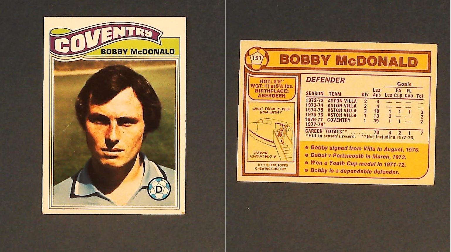Topps Chewing Gum Orange Back Football Cards - 1978 No 151 Robert (Bobby) McDonald Coventry City Topps Chewing Gum Orange Back Football Cards - 1978 No 151 Robert (Bobby) McDonald Coventry City