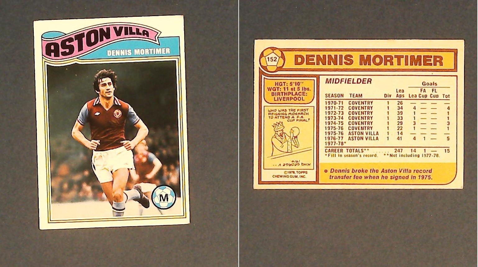 Topps Chewing Gum Orange Back Football Cards - 1978 No 152 Dennis Mortimer Aston Villa Topps Chewing Gum Orange Back Football Cards - 1978 No 152 Dennis Mortimer Aston Villa