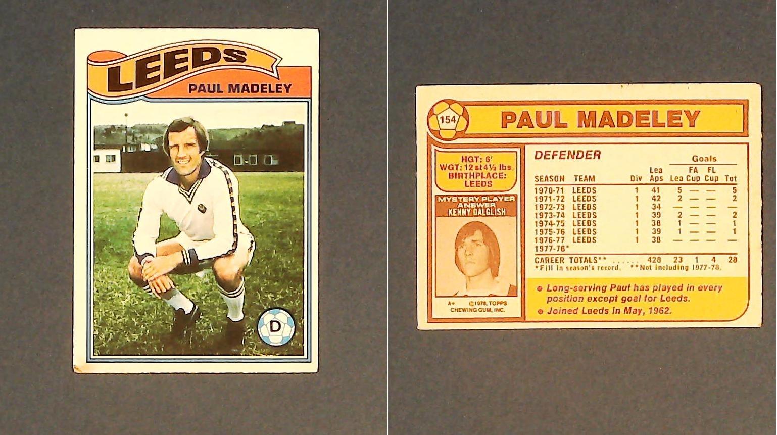 Topps Chewing Gum Orange Back Football Cards - 1978 No 154 Paul Madeley Leeds United Topps Chewing Gum Orange Back Football Cards - 1978 No 154 Paul Madeley Leeds United