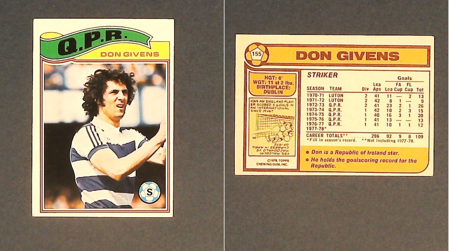 Topps Chewing Gum Orange Back Football Cards - 1978 No 155 Don Givens Queens Park Rangers Topps Chewing Gum Orange Back Football Cards - 1978 No 155 Don Givens Queens Park Rangers