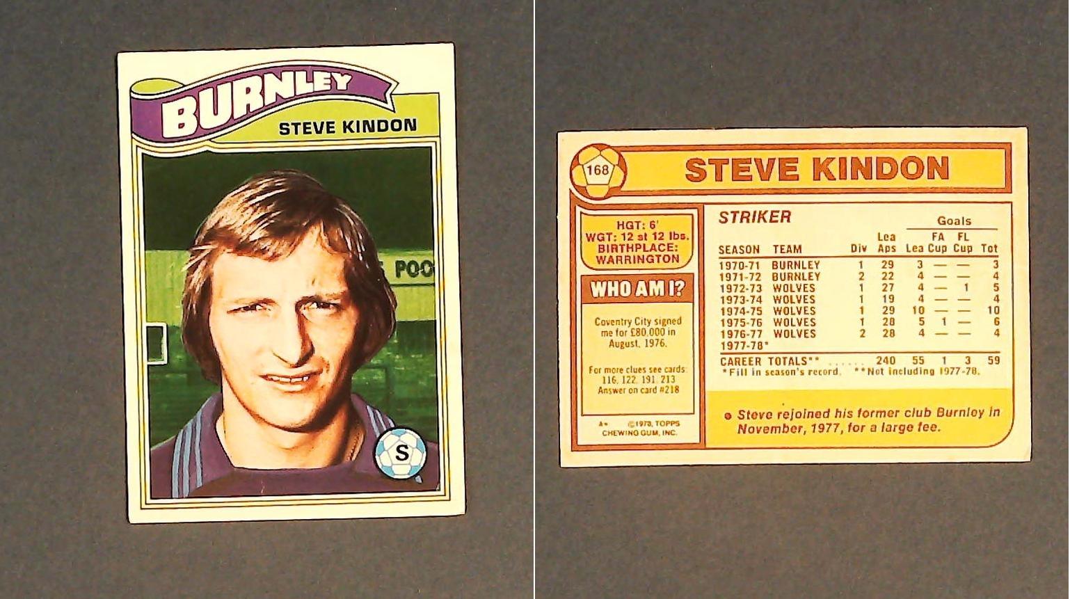 Topps Chewing Gum Orange Back Football Cards - 1978 No 168 Steve Kindon Burnley Topps Chewing Gum Orange Back Football Cards - 1978 No 168 Steve Kindon Burnley