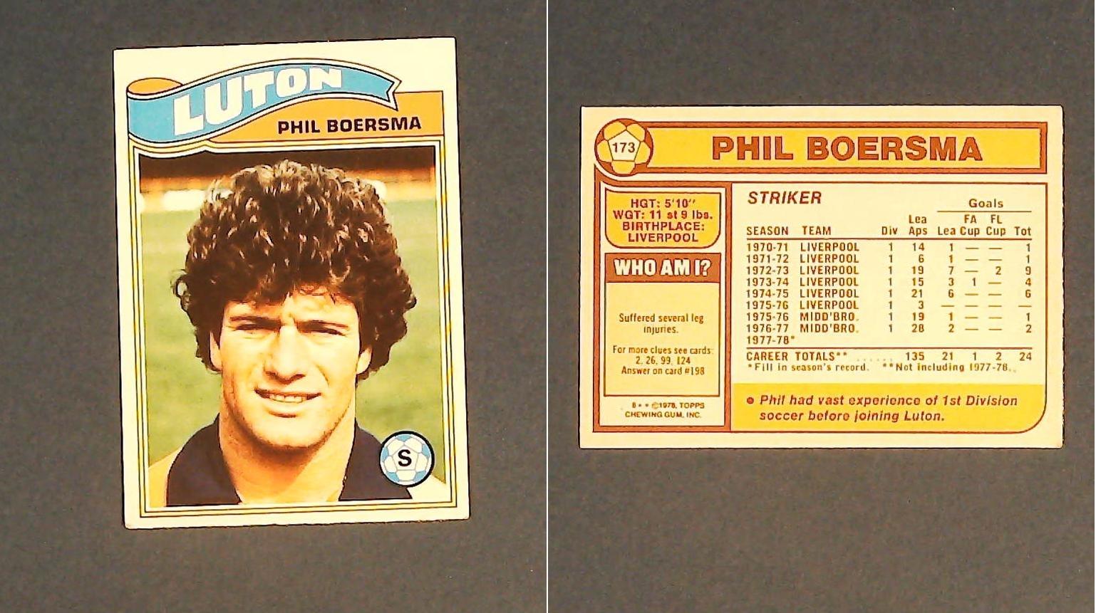 Topps Chewing Gum Orange Back Football Cards - 1978 No 173 Phil Boersma Luton Town Topps Chewing Gum Orange Back Football Cards - 1978 No 173 Phil Boersma Luton Town
