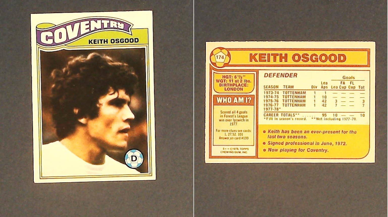 Topps Chewing Gum Orange Back Football Cards - 1978 No 174 Keith Osgood Coventry City Topps Chewing Gum Orange Back Football Cards - 1978 No 174 Keith Osgood Coventry City