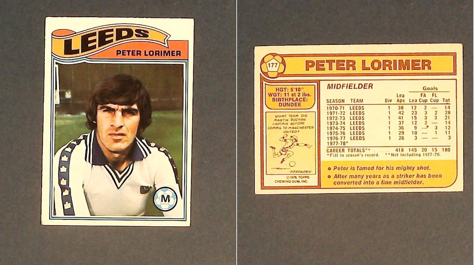 Topps Chewing Gum Orange Back Football Cards - 1978 No 177 Peter Lorimer Leeds United Topps Chewing Gum Orange Back Football Cards - 1978 No 177 Peter Lorimer Leeds United