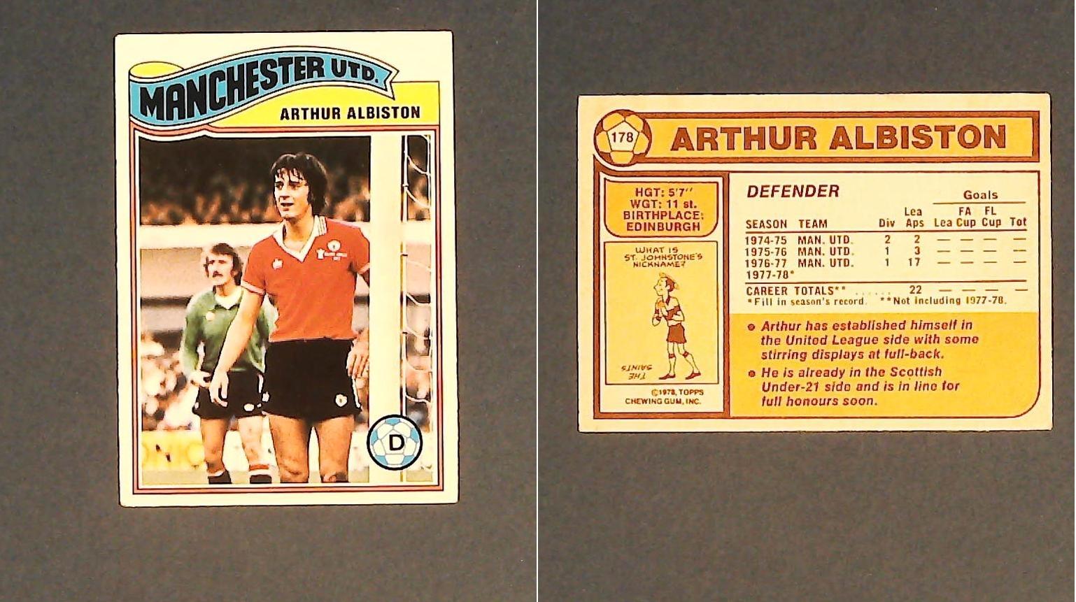 Topps Chewing Gum Orange Back Football Cards - 1978 No 178 Arthur Albiston Manchester United Topps Chewing Gum Orange Back Football Cards - 1978 No 178 Arthur Albiston Manchester United