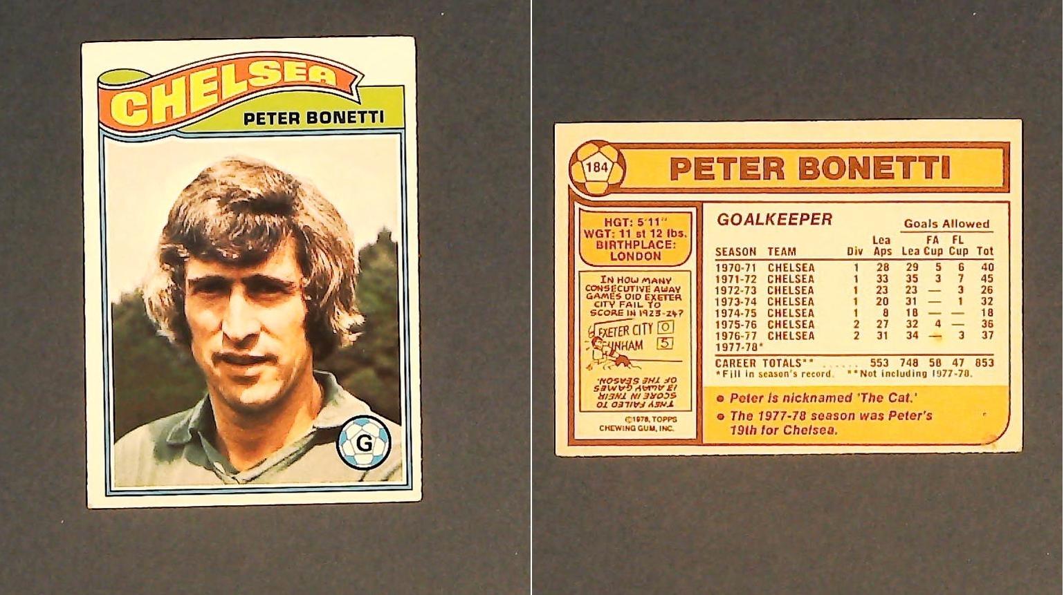 Topps Chewing Gum Orange Back Football Cards - 1978 No 184 Peter Bonetti Chelsea Topps Chewing Gum Orange Back Football Cards - 1978 No 184 Peter Bonetti Chelsea