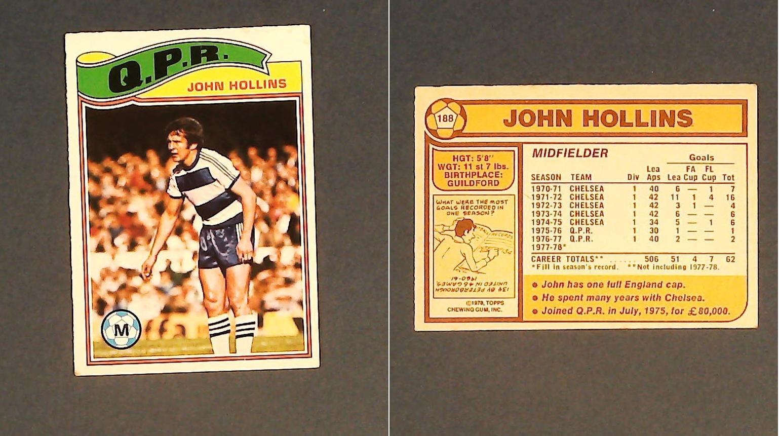 Topps Chewing Gum Orange Back Football Cards - 1978 No188 John Hollins Queens Park Rangers Topps Chewing Gum Orange Back Football Cards - 1978 No188 John Hollins Queens Park Rangers