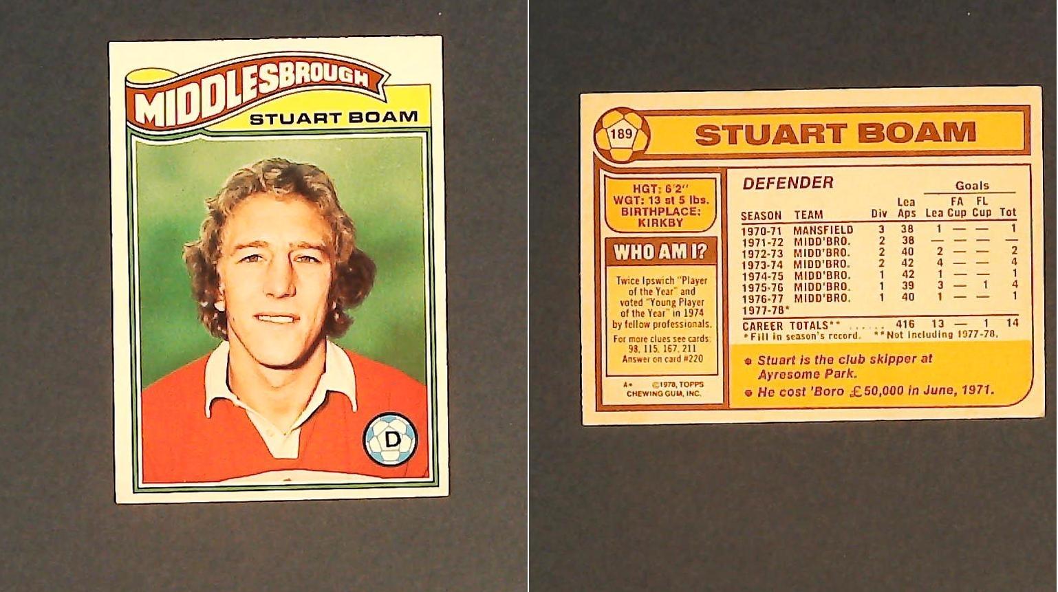 Topps Chewing Gum Orange Back Football Cards - 1978 No 189 Stuart Boam Middlesbrough Topps Chewing Gum Orange Back Football Cards - 1978 No 189 Stuart Boam Middlesbrough