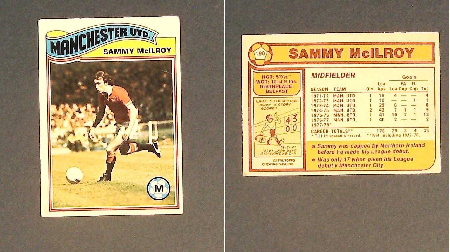 Topps Chewing Gum Orange Back Football Cards - 1978 No 190 Sam (Sammy) McIlroy Manchester United Topps Chewing Gum Orange Back Football Cards - 1978 No 190 Sam (Sammy) McIlroy Manchester United