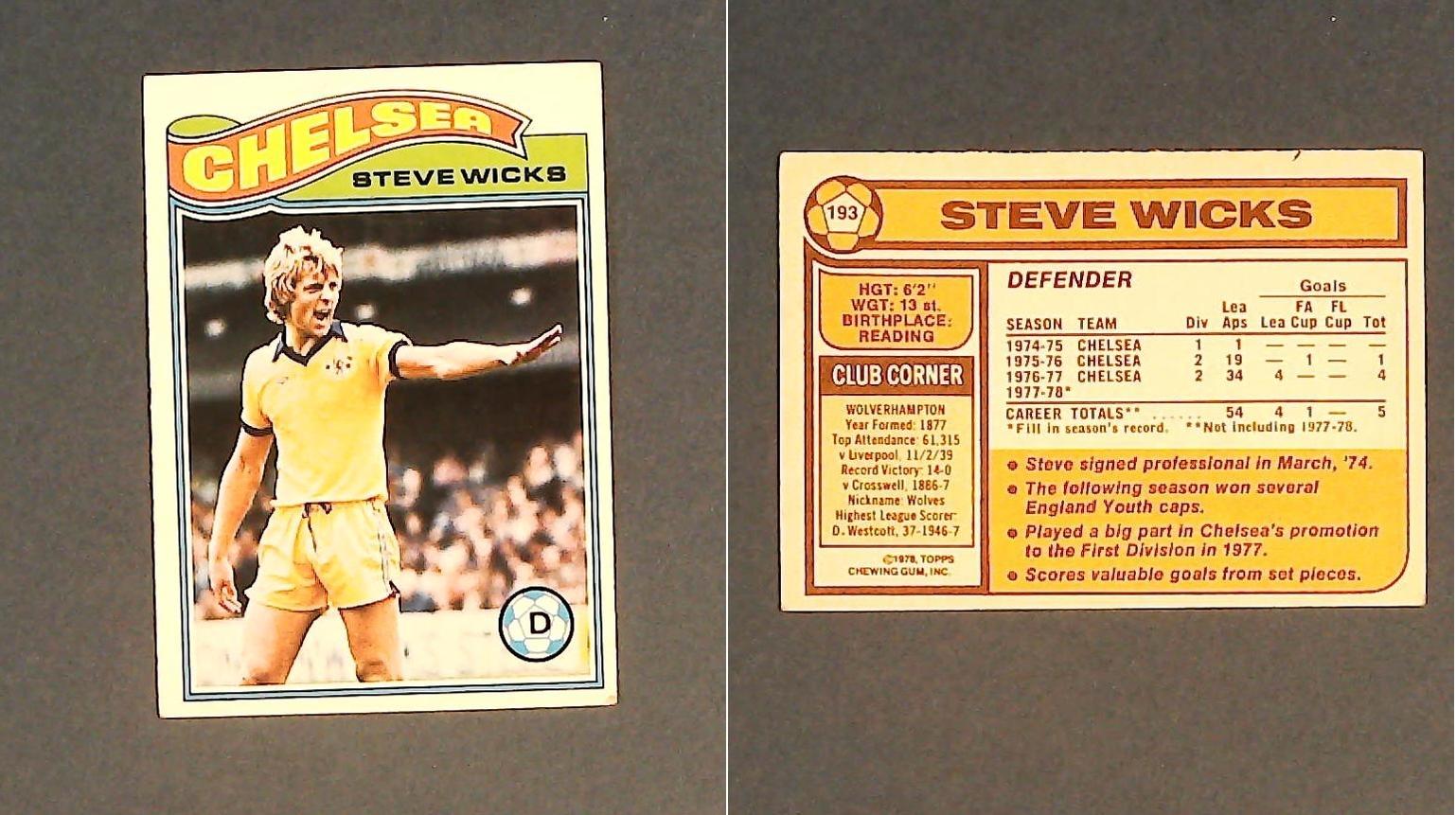 Topps Chewing Gum Orange Back Football Cards - 1978 No 193 Steve Wicks Chelsea Topps Chewing Gum Orange Back Football Cards - 1978 No 193 Steve Wicks Chelsea