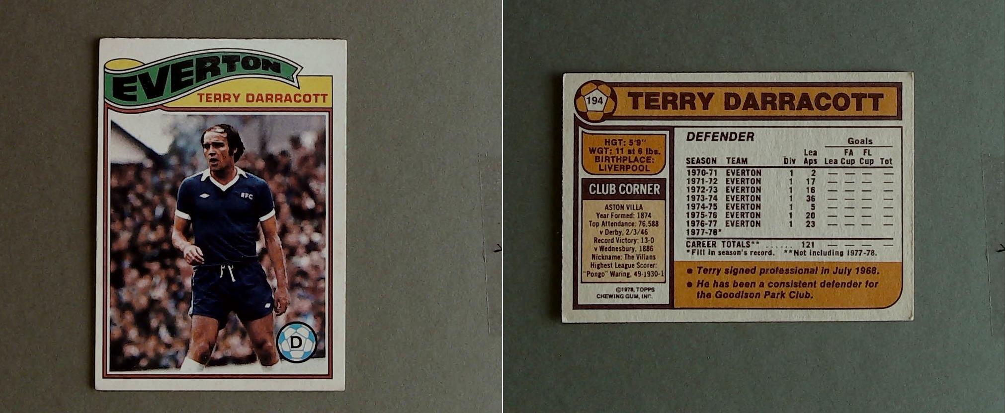 Topps Chewing Gum Orange Back Football Cards - 1978 No 194 Terry Darracott Everton Topps Chewing Gum Orange Back Football Cards - 1978 No 194 Terry Darracott Everton