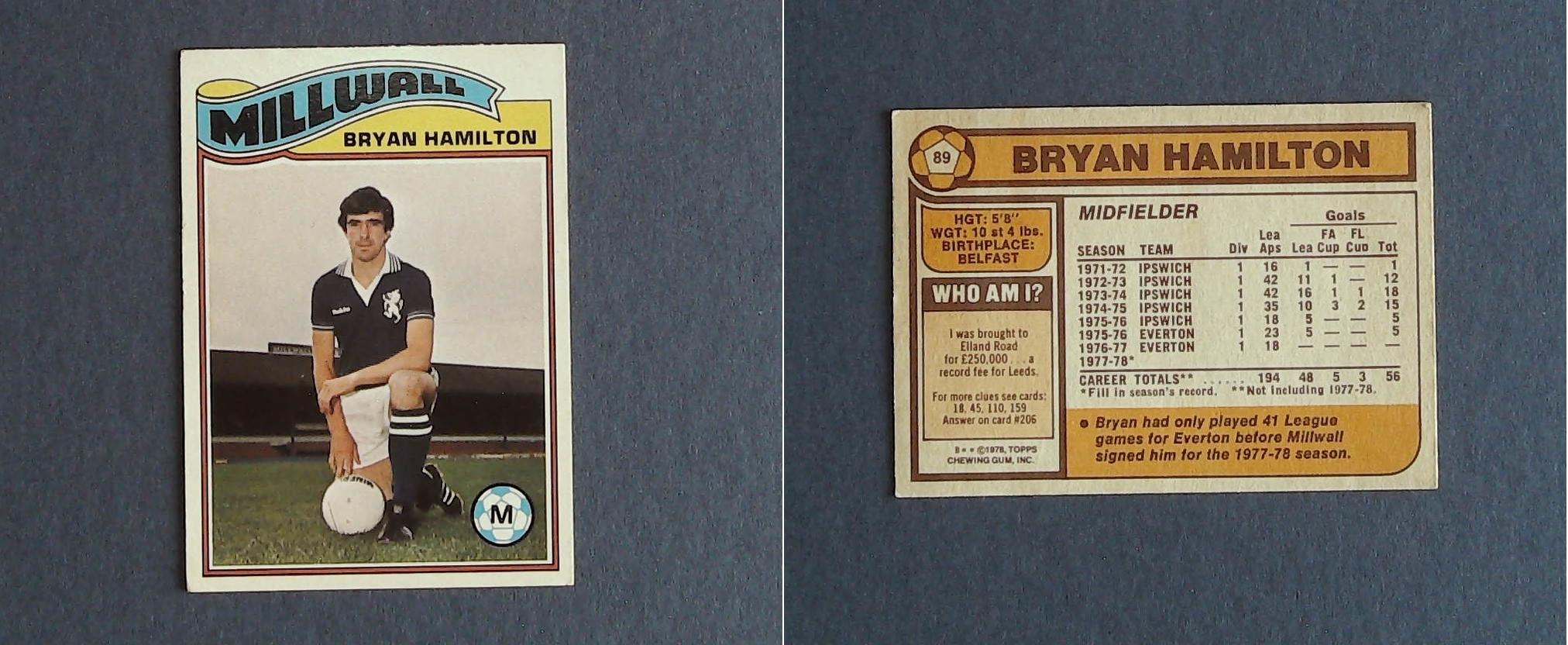 Topps Chewing Gum Orange Back Football Cards - 1978 No..89 Bryan Hamilton Millwall Topps Chewing Gum Orange Back Football Cards - 1978 No..89 Bryan Hamilton Millwall