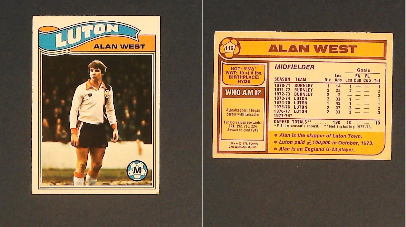 Topps Chewing Gum Orange Back Football Cards - 1978 No 119 Alan West Luton Town Topps Chewing Gum Orange Back Football Cards - 1978 No 119 Alan West Luton Town