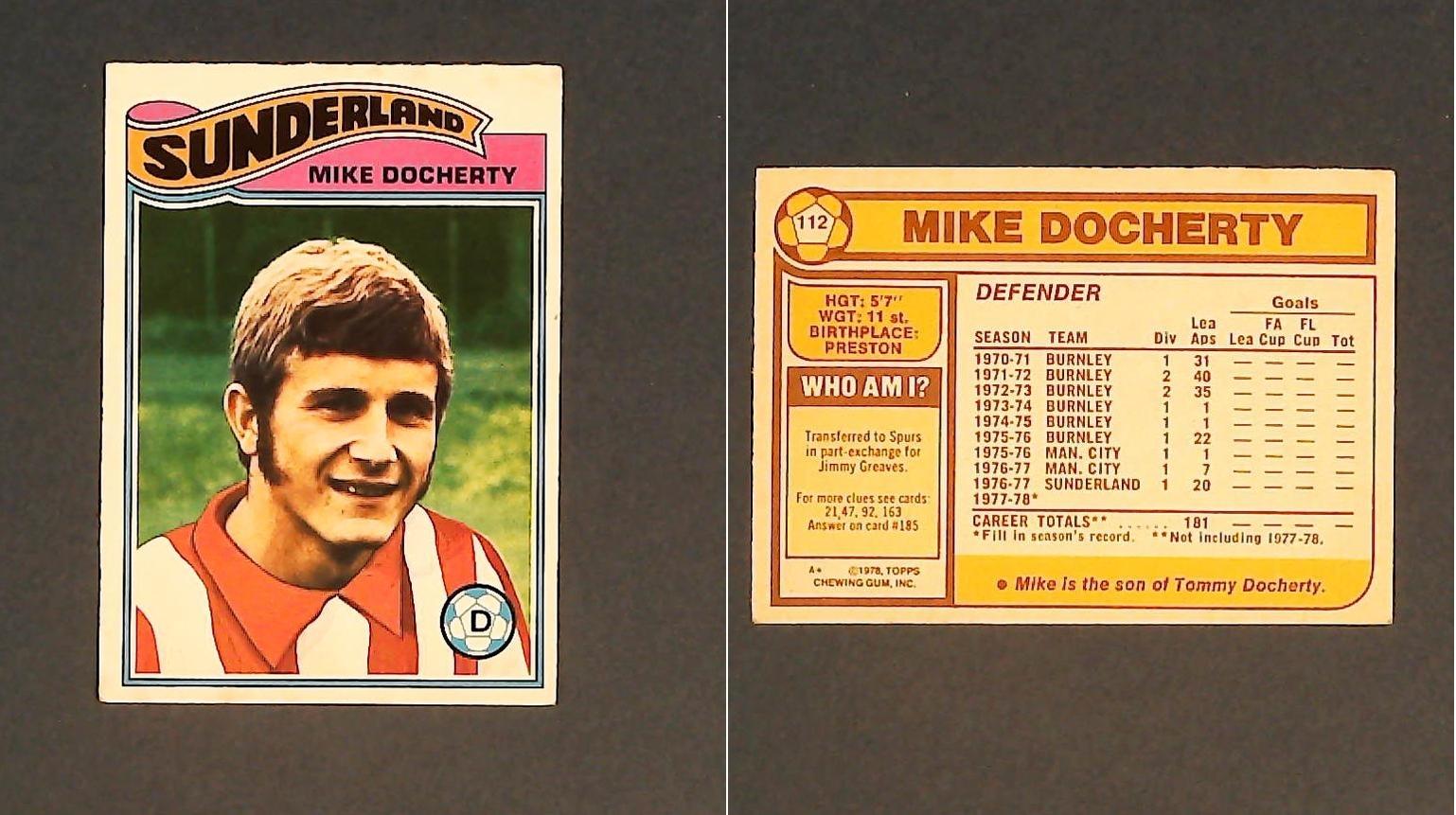 Topps Chewing Gum Orange Back Football Cards - 1978 No112 Mike Docherty Sunderland Topps Chewing Gum Orange Back Football Cards - 1978 No112 Mike Docherty Sunderland