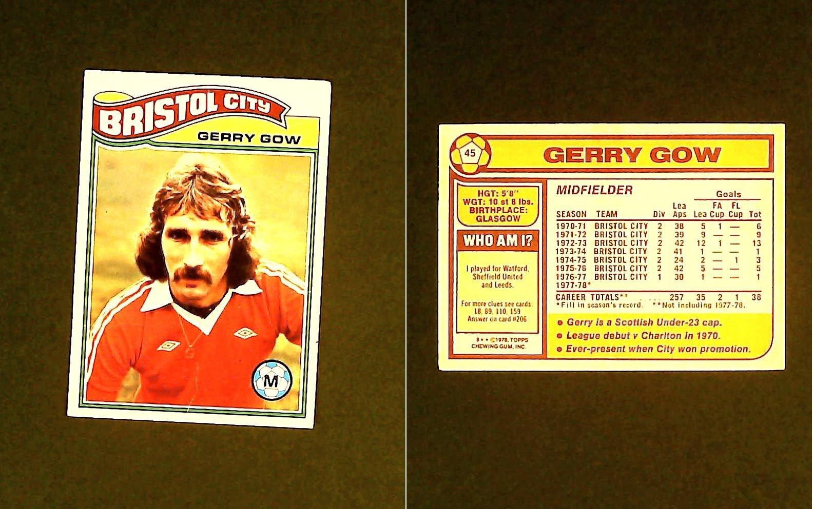 Topps Chewing Gum Orange Back Football Cards - 1978 No. 45 Gerry Gow Bristol City Topps Chewing Gum Orange Back Football Cards - 1978 No. 45 Gerry Gow Bristol City