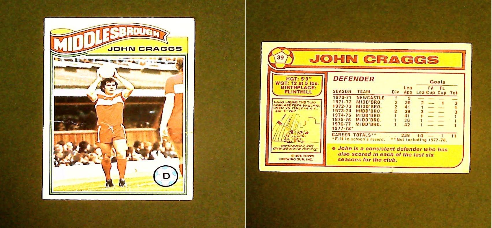 Topps Chewing Gum Orange Back Football Cards - 1978 No39 John Craggs Middlesbrough Topps Chewing Gum Orange Back Football Cards - 1978 No39 John Craggs Middlesbrough