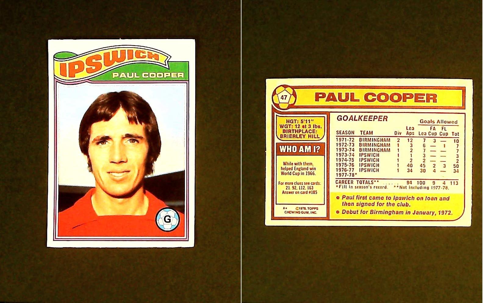 Topps Chewing Gum Orange Back Football Cards - 1978 No. 47 Paul Cooper Ipswich Town Topps Chewing Gum Orange Back Football Cards - 1978 No. 47 Paul Cooper Ipswich Town