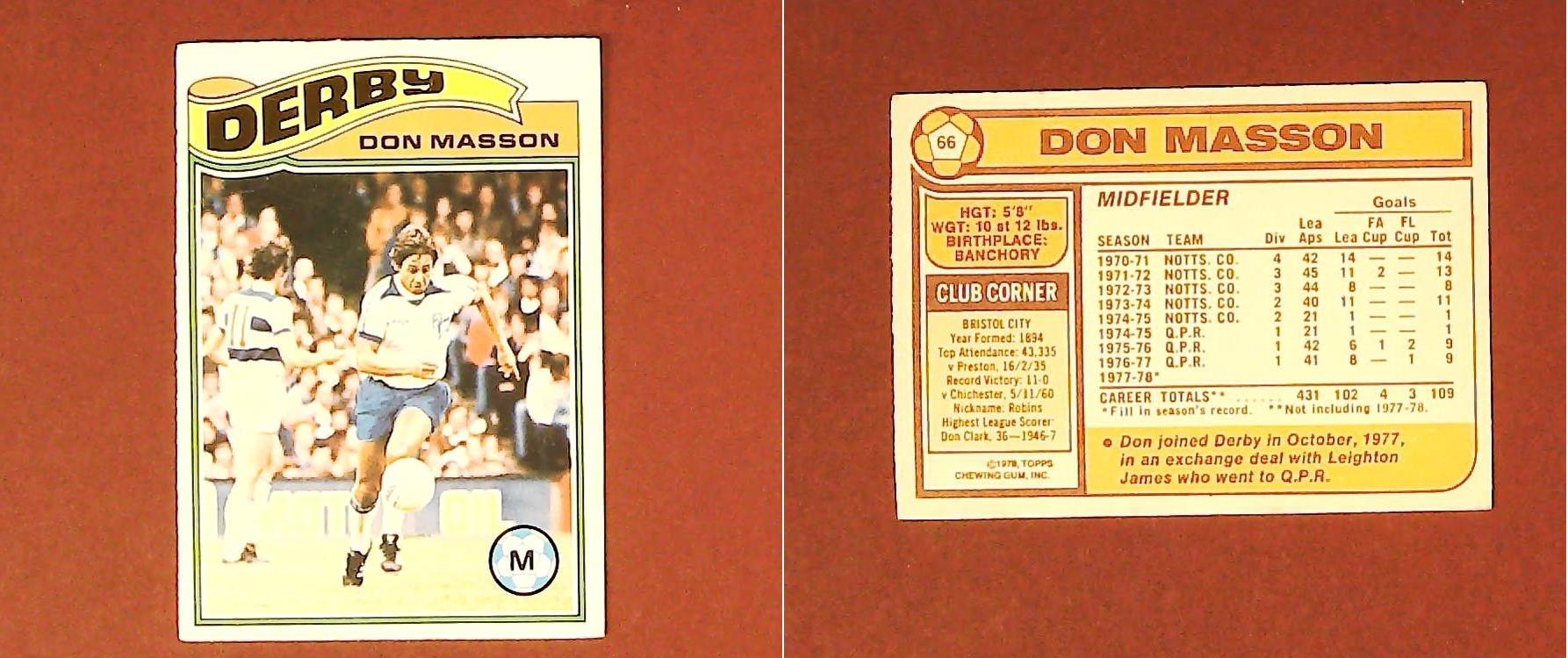 Topps Chewing Gum Orange Back Football Cards - 1978 No.66 Don Masson Derby County Topps Chewing Gum Orange Back Football Cards - 1978 No.66 Don Masson Derby County